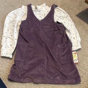 Purple Corduroy Pinafore Dress with Floral Blouse